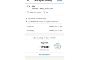 Bengaluru man books Ola cab to N Korea at Rs 1.49 lakh