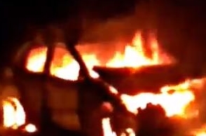 Car catches fire after hitting cow in Chennai
