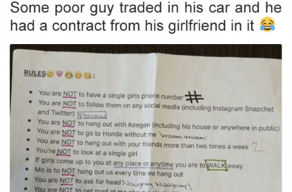 Girlfriend Creates 22-Rule Contract For Boyfriend To Follow; Internet Goes 'Yikes'