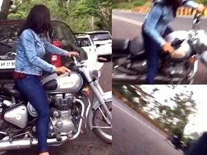 Heroine rides a bullet for the first time while shooting and falls off, viral video ft Shraddha Srinath